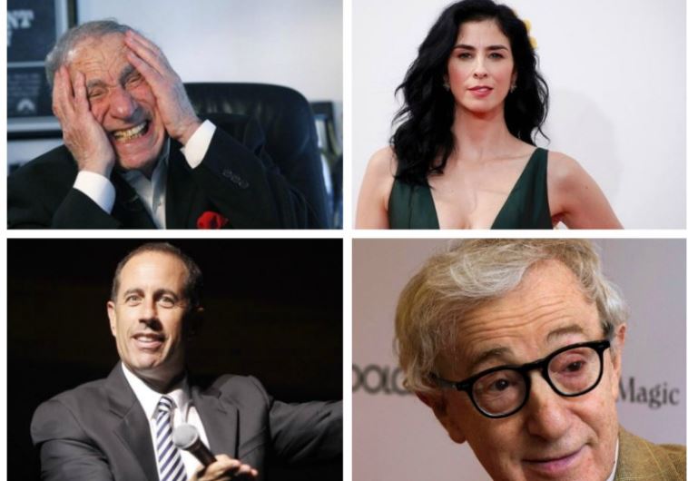 Jewish comedians: Mel Brooks (top left), Jerry Seinfeld (bottom left), Sarah Silverman (top right), and Woody Allen (bottom right)