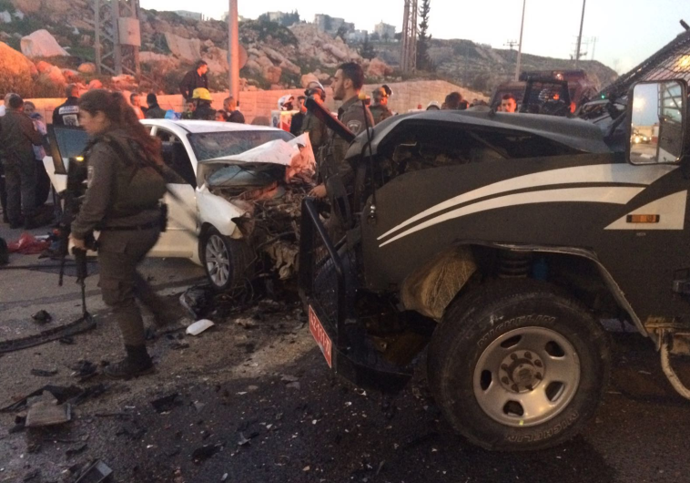 Scene of car-ramming attack near Ma'aleh Adumin, February 13, 2016.