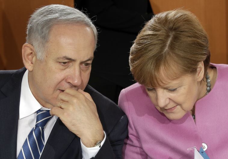 German Chancellor Angela Merkel and Israeli Prime Minister Benjamin Netanyahu speak before a lunch as part of a one day governmental meeting at the Chancellery in Berlin, Germany, February 16, 2016