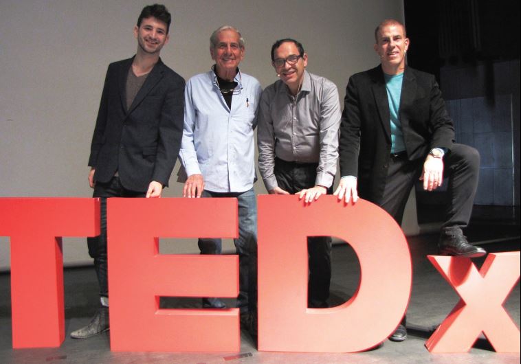 (From left) The young Yadin Soffer, actor Chaim Topol, former education minister Shai Piron and journalist Gilad Adin at the TEDx Talks at TAU on February 15