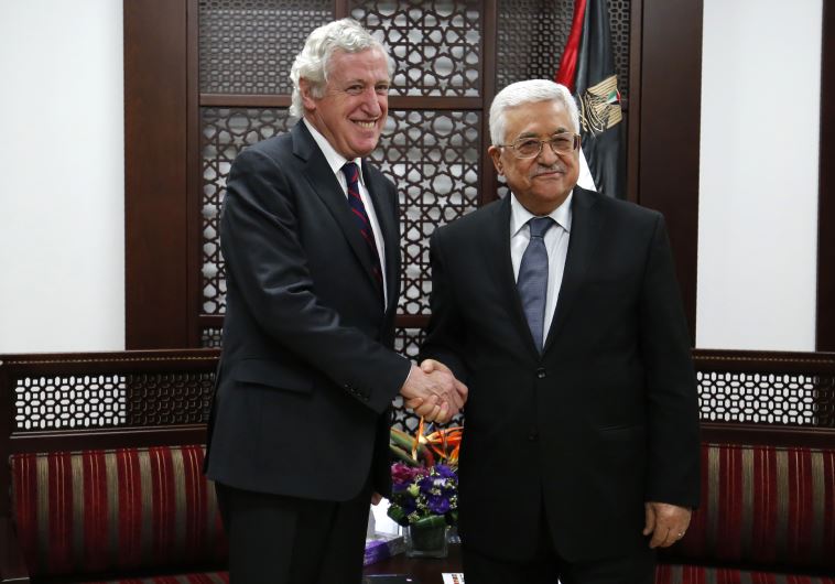 France's Middle East envoy Pierre Vimont (L) meets with Palestinian president Mahmud Abbas on March 15, 2016, in the West Bank city of Ramallah