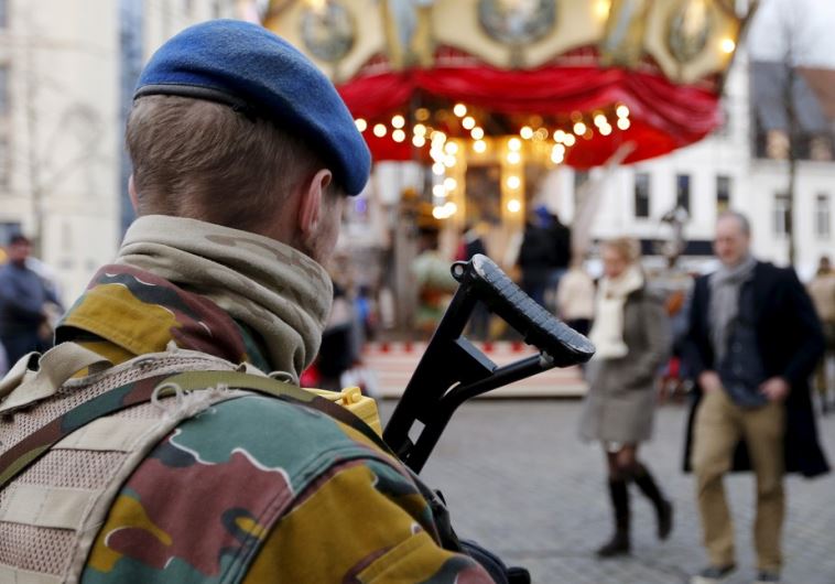 A Belgian soldier patrols the streets of Brussels