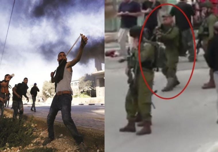 Splitscreen: Palestinian with slingshot at demonstration and IDF soldier who shot dead a wounded terrorist in Hebron