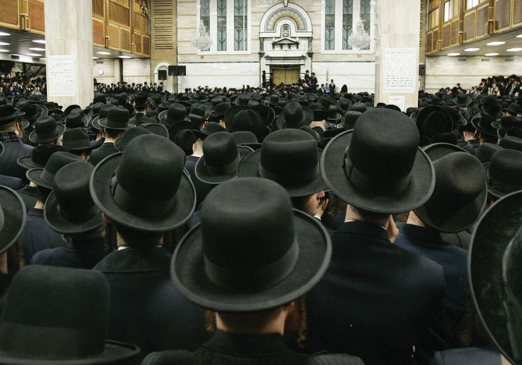 Satmar Hasidim in the Yetev Lev D’Satmar synagogue in the town of Kiryas Joel, New York