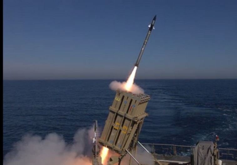 Rafael Advanced Defense Systems’ C-Dome system, a sea-based version of the Iron Dome anti-rocket battery, fires from an Israeli Navy missile ship