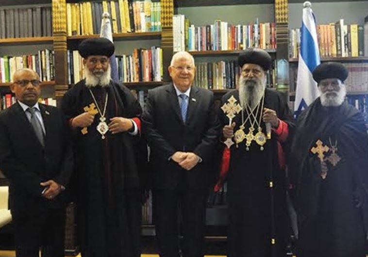 PRESIDENT REUVEN RIVLIN with Ethiopian Orthodox Church Patriarch Abune Mathias (second right), senior representatives of the Church and Ethiopian Ambassador Helawe Yosef (left).