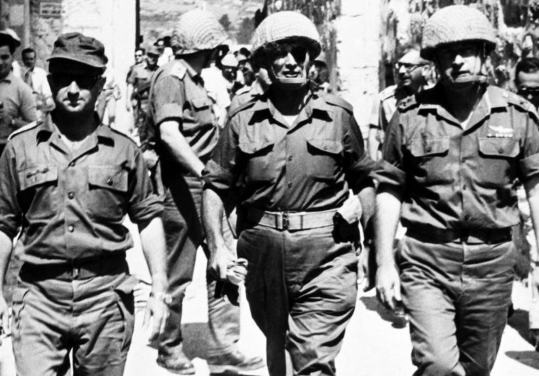 Photo taken in June 1967 in Jerusalem shows the chief-of-staff of the Israeli army, Yitzhak Rabin (R), Defense Minister Moshe Dayan (C), and GOC Central Command Uzi Narkiss during the Six-Day War