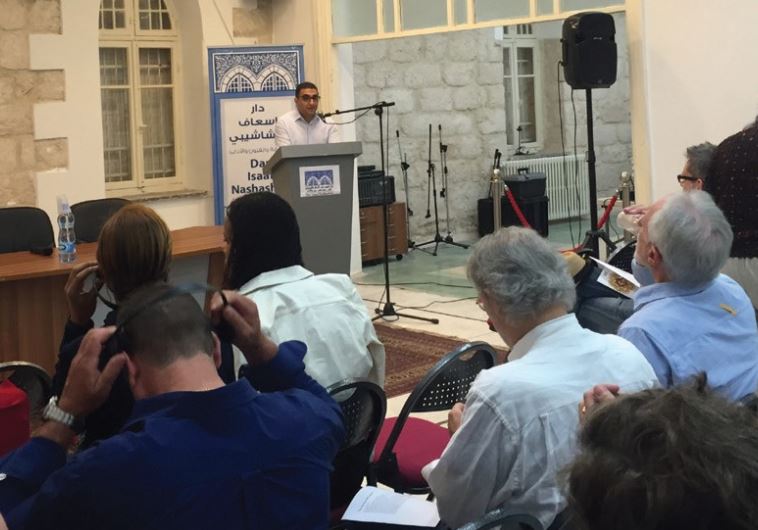 Crowds gather for the opening of the Jerusalem session of the Palestine Festival of Literature at Dar Issaf Nashashibi house in Sheikh Jarrah