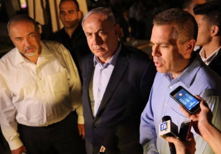 Netanyahu and Liberman at site of Sarona complex shooting in Tel Aviv.