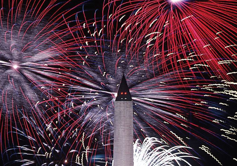 An American Independence Day fireworks display at the Washington Monument