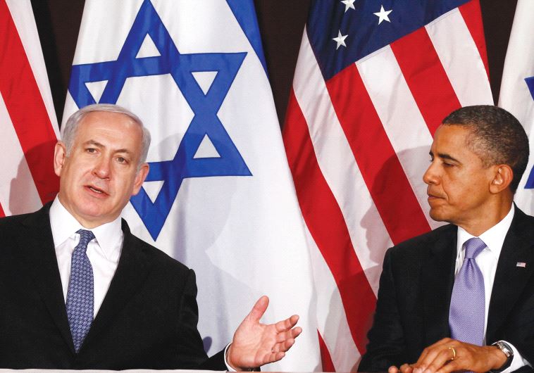 Benjamin Netanyahu and Barack Obama against a backdrop of Israeli flags and American flags