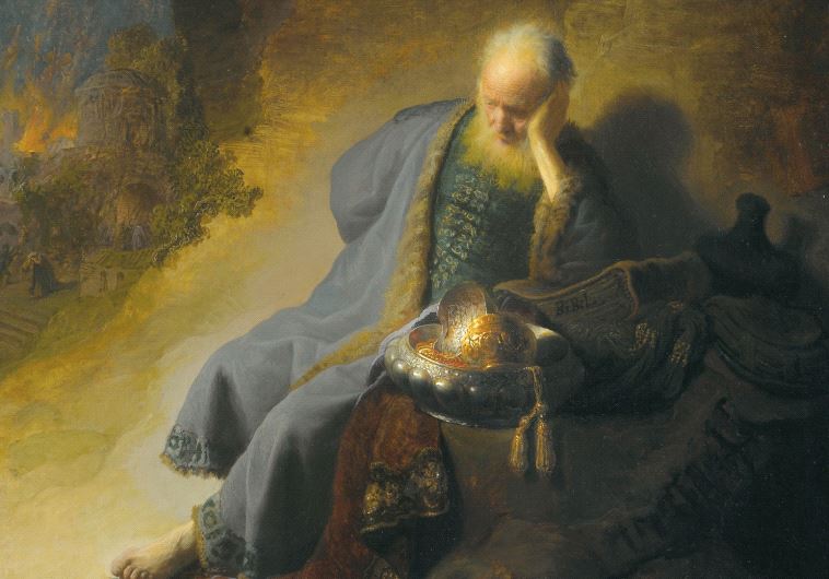 In this painting by Rembrandt van Rijn, Jeremiah laments the destruction of Jerusalem, c. 1630