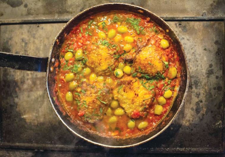 Chicken Thighs in green olive and tomato sauce from ‘The Palomar Cookbook.’