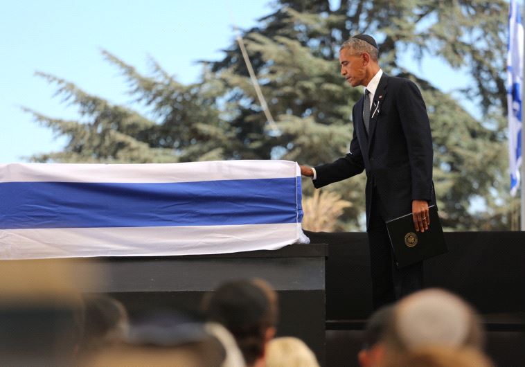 US President Barack Obama paying respects to the late Shimon Peres.