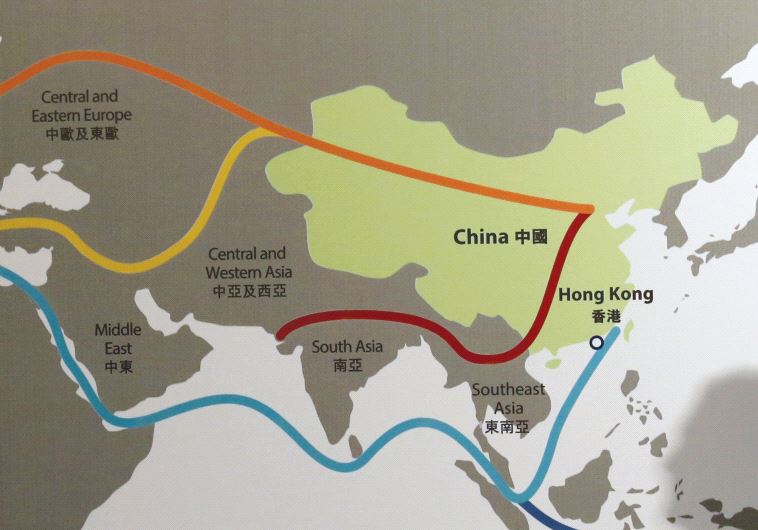 THE SHADOW of a participant is seen on a map illustrating China’s ‘One Belt, One Road’ megaproject at the Asian Financial Forum in Hong Kong earlier this year.