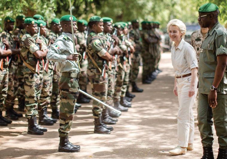 GERMAN DEFENSE MINISTER Ursula von der Leyen is received with a guard of honor of Malian soldiers as she visits the EU training mission in Koulikoro, Mali, in April.