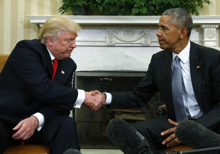 U.S. President Obama greets President-elect Trump in the White House Oval Office in Washington