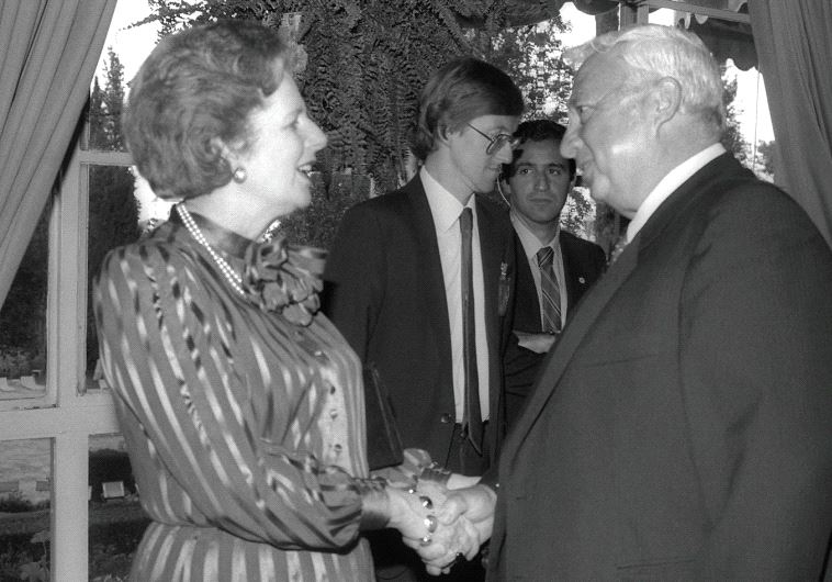 THEN-British prime minister Margaret Thatcher, who the author refers to as a ‘philosemite,’ greets Ariel Sharon during a reception in Jerusalem in May 1986