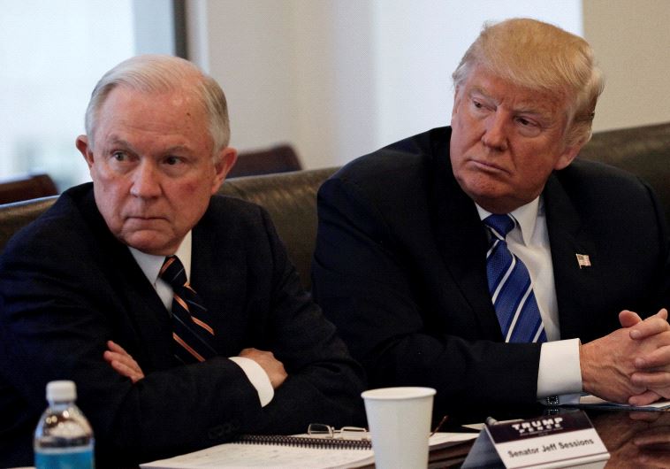 Donald Trump sits with Jeff Sessions at Trump Tower in Manhattan, New York
