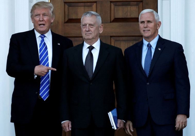 US President-elect Donald Trump (L) and Vice President-elect Mike Pence (R) greet retired Marine General James Mattis in Bedminster, New Jersey, US,