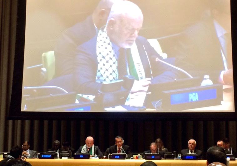 UNGA President with Palestinian scarf