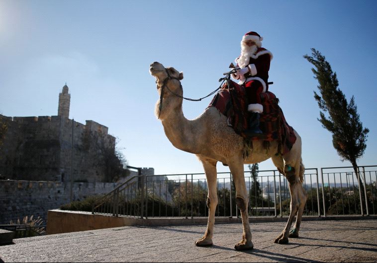 Israeli-Arab Issa Kassissieh wears a Santa Claus costume as he rides a camel during an annual Christmas tree distribution by the Jerusalem municipality, in Jerusalem's Old City December 20, 2016