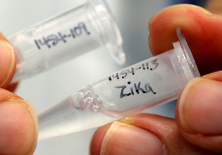 A research scientist holds a vial marked "Zika" 