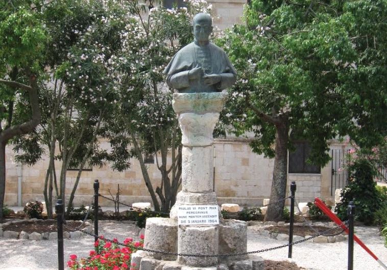 A statue near the Church of the Transfiguration on Mount Tabor marking Pope Paul VI’s visit to the Holy Land.
