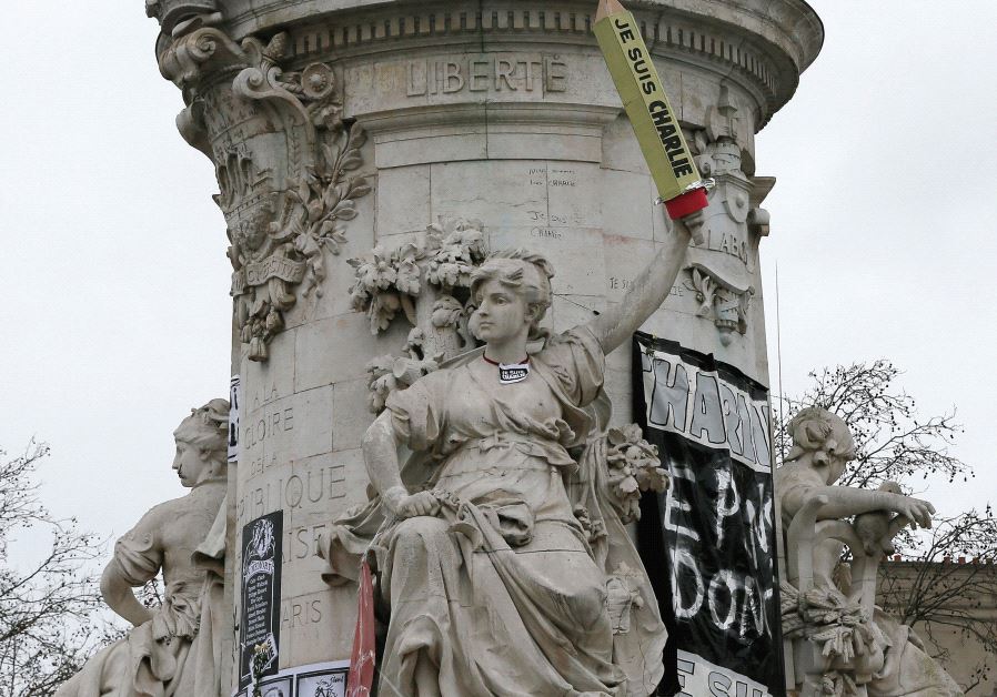 THE STATUE at the Place de la République in Paris is seen featured with a giant cardboard pencil reading ‘I am Charlie’ in 2015 after the attack against the ‘Charlie Hebdo’ magazine