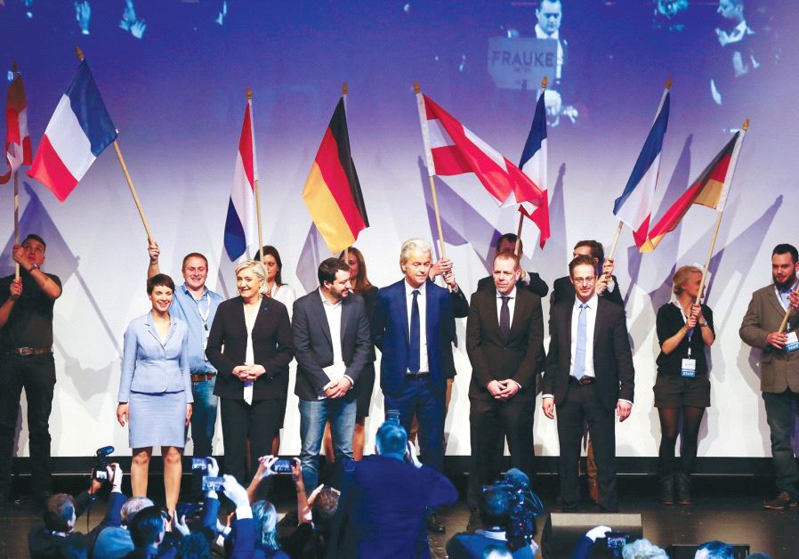 LEADERS OF far-right European political parties arrive on stage for a meeting in Germany over the weekend to discuss the state of the EU.