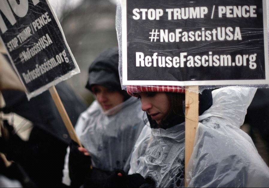 A PERSON protesting ‘fascism’ at a rally in New York City.