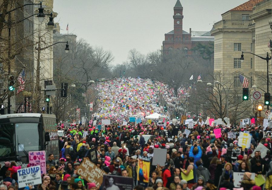 Hundreds of thousands of marchers fill the street during a Women’s March demonstration in Washington, DC, on January 21