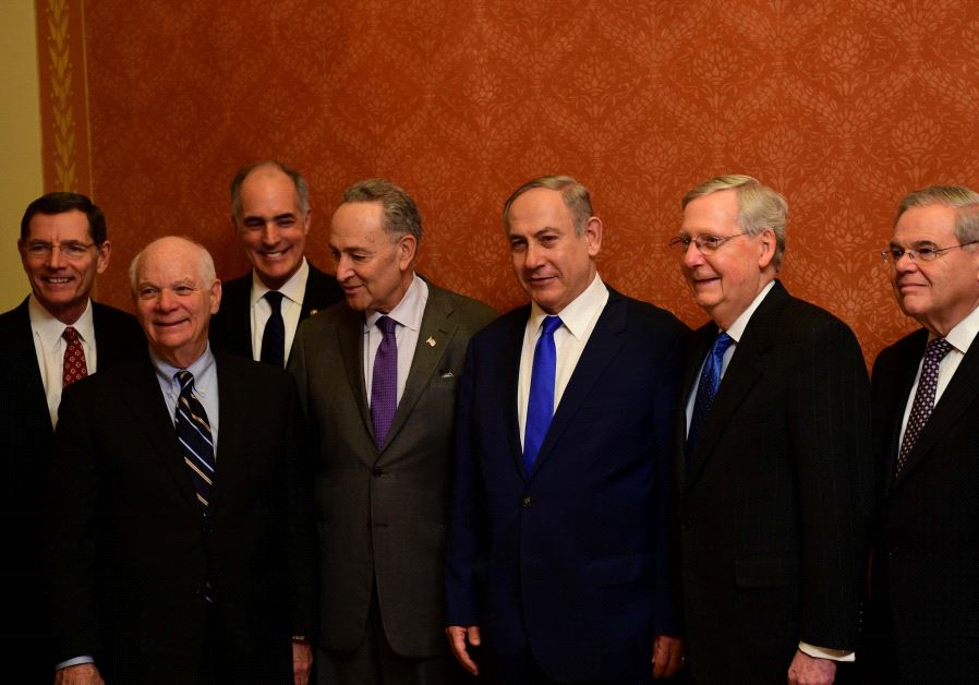 Netanyahu and US Congress members, including Senator Chuck Schumer next to the prime minister on the left