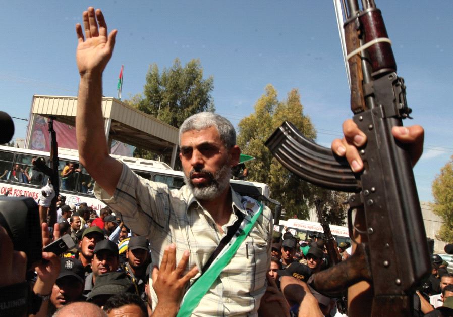 Yahya Sinwar arrives at the Rafah crossing between Egypt and Gaza on October 18, 2011, after being released by Israel as part of a prisoner swap for kidnapped soldier Gilad Schalit