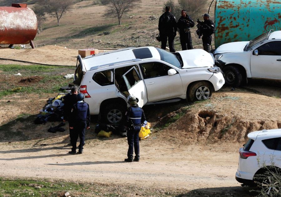 THE CAR DRIVEN by Beduin teacher Yacoub Abu al-Kaeean is seen where it ran into policemen during the fatal January 18 demolition operation in the Negev village of Umm al-Hiran.