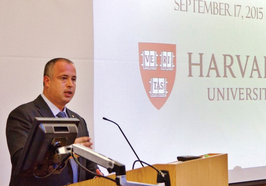 MK Hilik Bar presents his diplomatic plan at Harvard University in Cambridge, Massachusetts, in December 2015