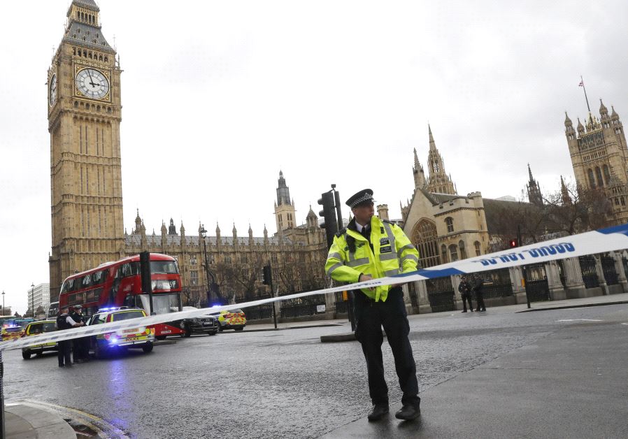 Police tapes off Parliament Square after reports of loud bangs, in London, Britain, March 22, 2017. 