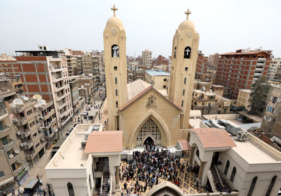 Egyptians gather in front of a Coptic church that was bombed on Sunday in Tanta, Egypt, April 9, 2017