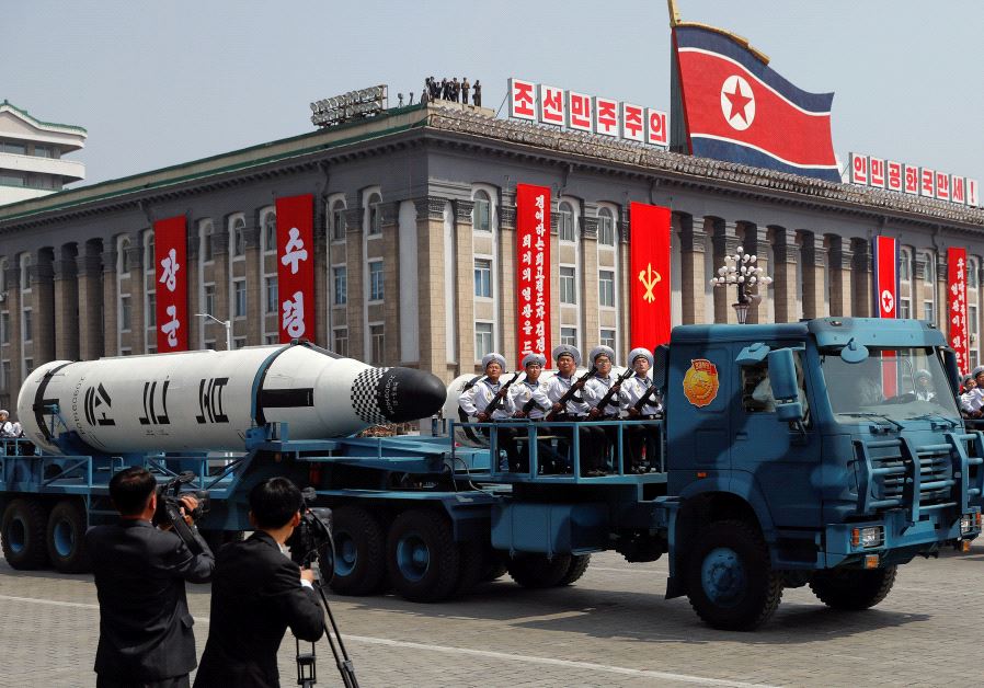 A North Korean navy truck carries the 'Pukkuksong' submarine-launched ballistic missile (SLBM) during a military parade marking the 105th birth anniversary of country's founding father, Kim Il Sung in Pyongyang, April 15, 2017