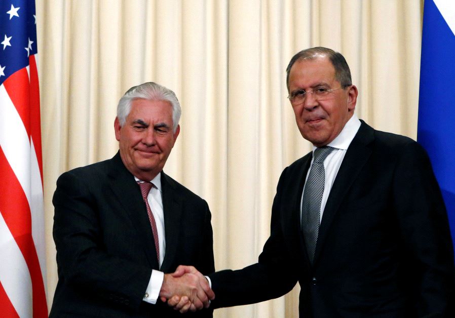 Russian Foreign Minister Sergei Lavrov shakes hands with US Secretary of State Rex Tillerson during a news conference following their talks in Moscow, Russia, April 12, 2017.