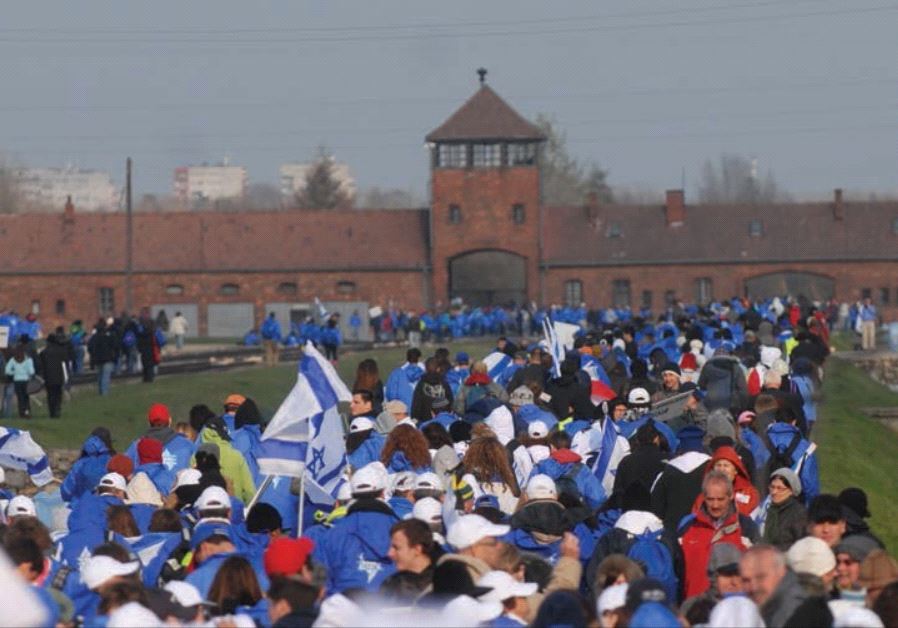 Thousands of March of the Living participants walk toward Birkenau