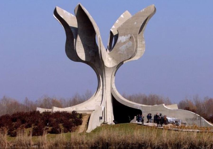A flower-shaped stone monument in Jasenovac, 100 km east of Zagreb in Croatia.