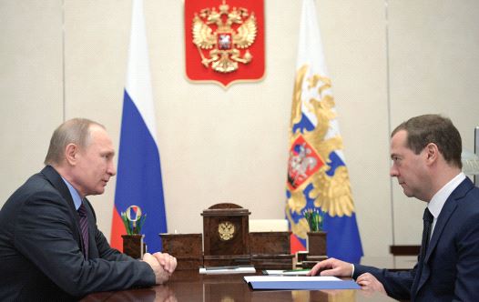 RUSSIA’S PRESIDENT Vladimir Putin meets with Prime Minister Dmitry Medvedev at the Novo-Ogaryovo state residence outside Moscow two weeks ago.