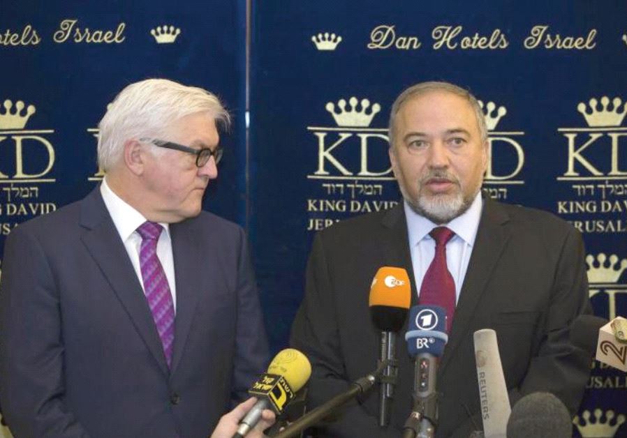 FOREIGN MINISTER Avigdor Lieberman meets his then-German counterpart Frank-Walter Steinmeier at the King David Hotel in 2014.