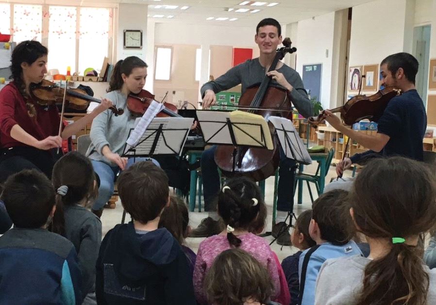 Musethica musicians play in front of a group of kindergarten children in Kibbutz Ramot Menashe in the North