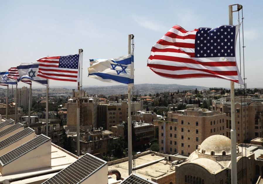 Israeli and US flags flutter atop the King David Hotel in Jerusalem, in preparation for US President Donald Trump’s arrival