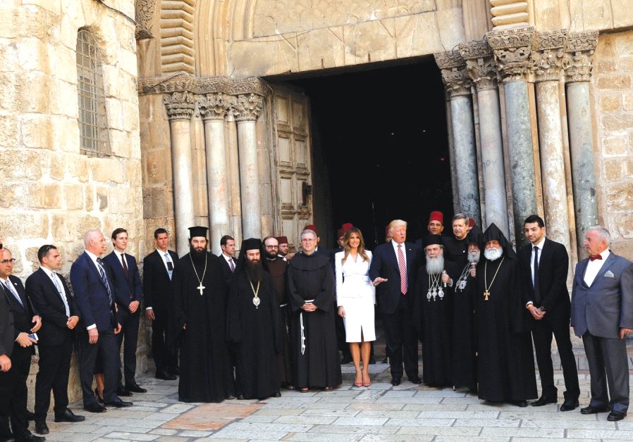 US PRESIDENT Donald Trump and first lady Melania Trump gather with clergy before they tour the Church of the Holy Sepulchre in Jerusalem, May 22 2019