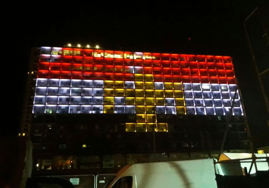 Tel Aviv City Hall lights up in solidarity with Egypt following Friday's terror attack that claimed the lives of at least 29 Coptic Chrisitians outside of Cairo. 
