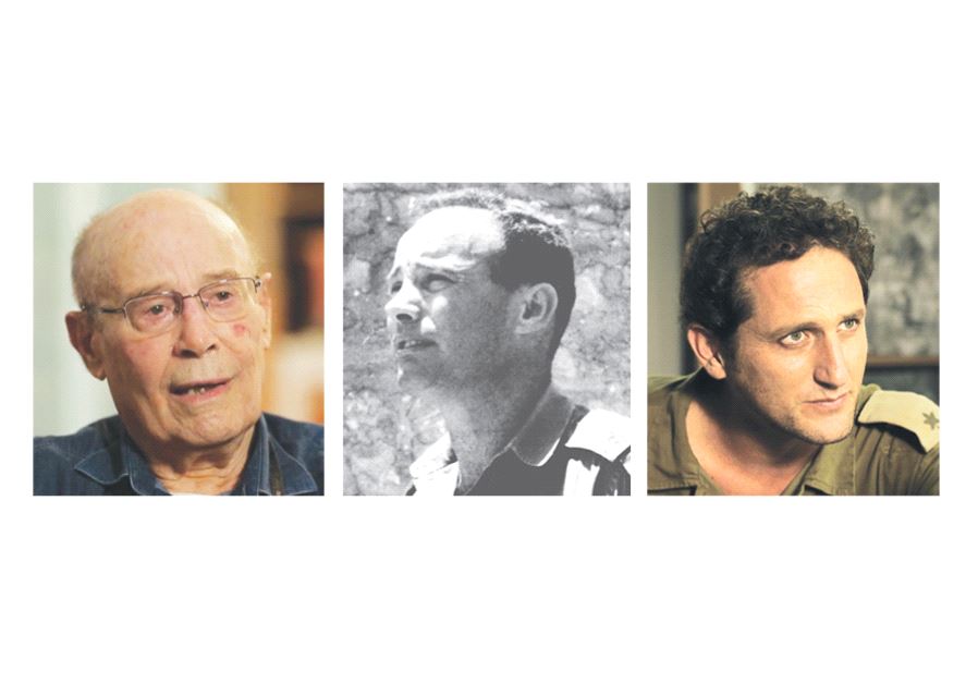 From left: a still of present-day Arik Achmon from the movie ‘In Our Hands’; Achmon in uniform during the Six Day War; Idan Barkai, the actor who plays him