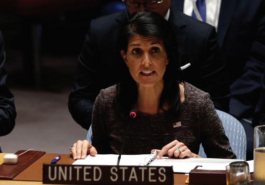 US AMBASSADOR to the United Nations Nikki Haley speaks following a vote at the Security Council